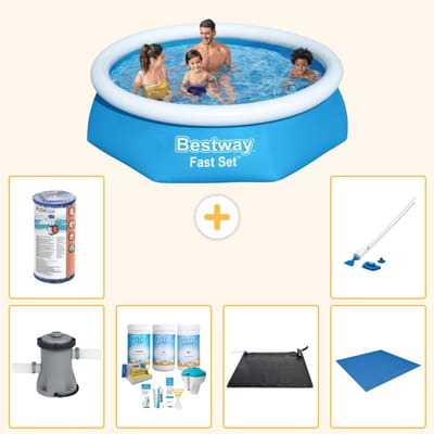 Bestway Rond Opblaasbaar Fast Set Zwembad - 244 x 61 cm - Blauw - Inclusief Pomp - Onderhoudspakket - Solar Mat - Grondzeil - Filter - Stofzuiger - 7-delig