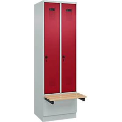 C+P Evolo Plus garderobekast, 2 vakken van elk 300 mm breed, sokkel, zwevende bank, B 600 x D 815 x H 1950 mm, draaibare grendel, lichtgrijs/ruy rood