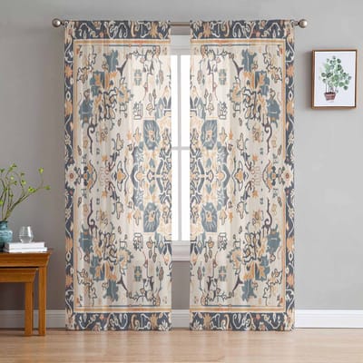 Etnische Stijl Retro Perzisch Patroon Bloemen Raam Tule Gordijnen voor Woonkamer Slaapkamer Hotel Luxe Decoratie Transparante Gordijnen 135W x 114H(cm) gray