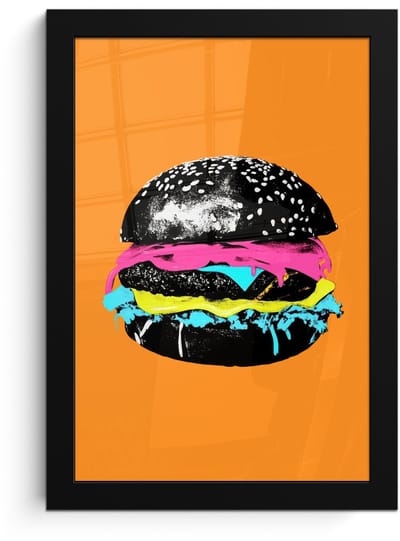 Poster in lijst - Fotolijst 20x30 cm - Posters - Hamburger - Oranje - Neon - popart - Posterlijst zwart - Decoratie - Wanddecoratie woonkamer - Muurdecoratie slaapkamer