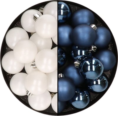 32x stuks kunststof kerstballen mix van wit en donkerblauw 4 cm - Kerstversiering