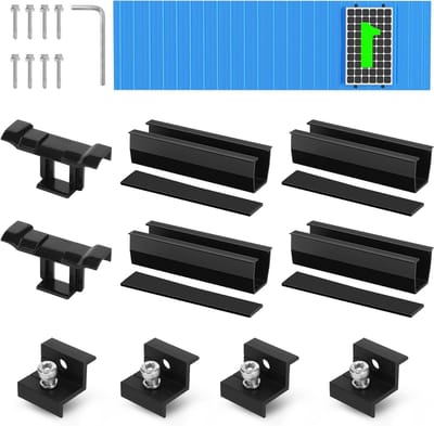 Montageset voor Zonnepanelen, Bevestiging voor 1 Module, 12 cm Zwarte Rail + Waterafvoerclips 30 mm + Verstelbare Klem voor 30-35 mm Dikke Modules voor Platte Daken, Trapeziumdaken en Metaaldaken