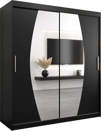 InspireMe - Kledingkast met 2 schuifdeuren, Modern-stijl, Een kledingkast met planken en een spiegel (BxHxD): 180x200x62 - GLOBE 180 Zwart Mat
