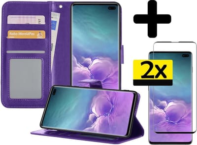 Hoesje - Met 2x Screenprotector - Geschikt voor Samsung Galaxy S10 - Luxe Pasjeshouder - Bookcase Portemonee - Flip Case - Kunstleer Book Case - Flipcase Hoes - Book Cover - Walletcase - Portemonneehoes - Telefoonhoesjes - Paars