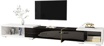 TV-meubel - 140-260 cm - Marmerlook en Draaibaar - Verstelbare Lengte - Hout - Wit en Zwart