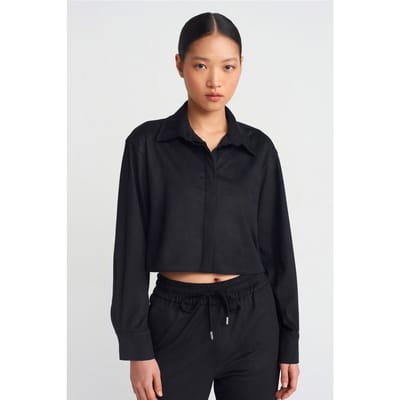 Dames Geplooide Faux Suede Knop Shirt