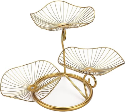 longziming -Fruit En Groente Rack - 3-Tier Food Storage Rack - Lotus Bloem Design - IJzer - Stijlvol En Ventilerend - Goud
