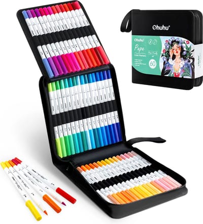 Ohuhu - Pupe Paper-friendly - Brush & Fineliner - Dual Tip Brush markers - waterbasis - 60 kleuren