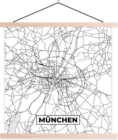 Posterhanger incl. Poster 40x40 cm - Schoolplaat - München - Stadskaart - Kaart - Plattegrond - Textielposter - Blanke latten - Stadskaart
