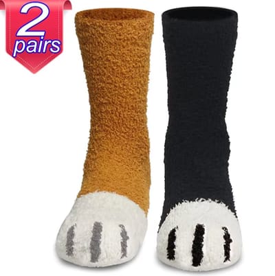 Fluffy Sokken dames - 2 paar zwart - bruin - wit - huissokken - warm - maat 35 - 40 - extra zacht - cadeau voor haar