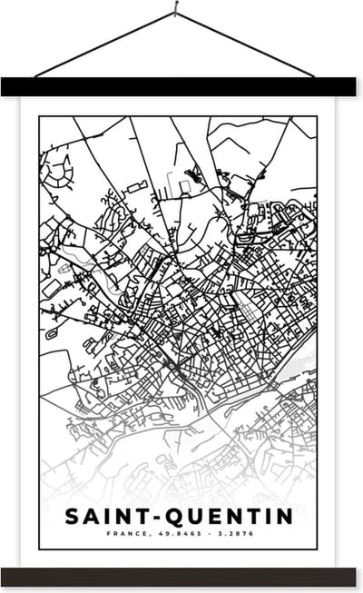 Posterhanger incl. Poster 40x60 cm - Schoolplaat - Stadskaart - Saint-Quentin - Plattegrond - Kaart - Frankrijk - Zwart wit - Textielposter - Zwarte latten - Stadskaart