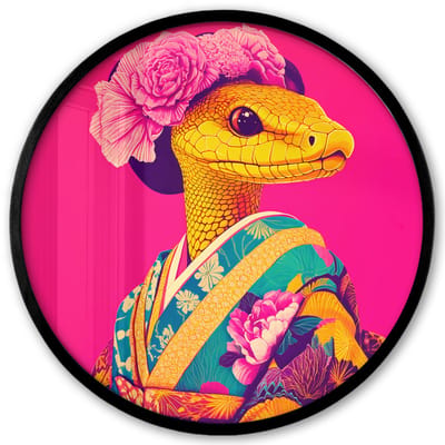 Poster in lijst Rond - Fotolijst 40x40 cm - Posters - Hagedis - Bloemen - Roze - Kimono - Ronde posterlijst zwart - Decoratie - Wanddecoratie woonkamer - Muurdecoratie slaapkamer