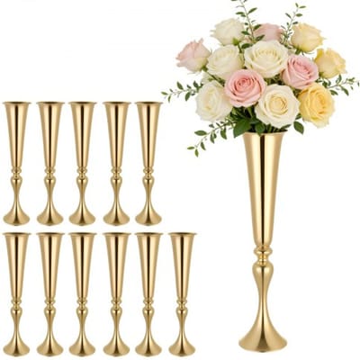 VEVOR 12 stuks trouwvazen, bloemvazen ​​voor bruiloften, 55 cm hoog, metalen bloemvazen ​​met standaard, trompetvazen ​​als tafeldecoratie voor bruiloften, feesten, jubilea en ceremonies, goudkleurig