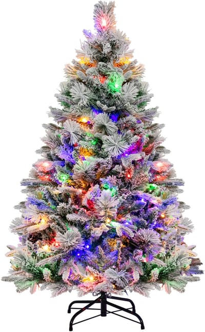 COSTWAY Kunstkerstboom met verlichting, sneeuw en kegels, dennenboom van 136 cm met 8 lichtmodi, 472 PE-pvc-takken, kunstboom, Kerstmis voor thuis, kantoor, wit