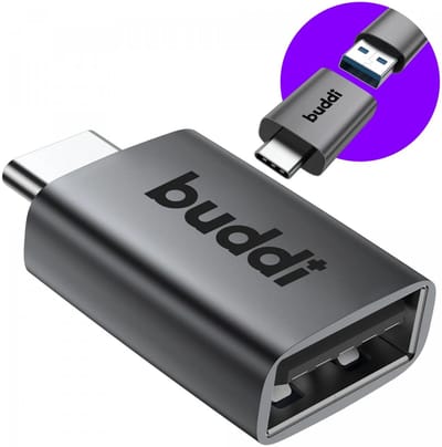 Buddi Ease | USB-A naar USB-C Adapter | USB-C naar USB-A USB 3.0 | OTG | Verloop | Converter | Koppelstuk | Tussenstuk | 5Gbps gegevensoverdracht | 12W Opladen | Grijs