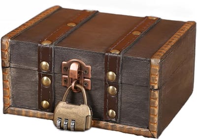 Vintage Houten Piraten Schatkist 15 x 7,5 x 12 cm met Combinatieslot voor Opslag en Decoratie van Cadeaus, Uniek en Handgemaakt
