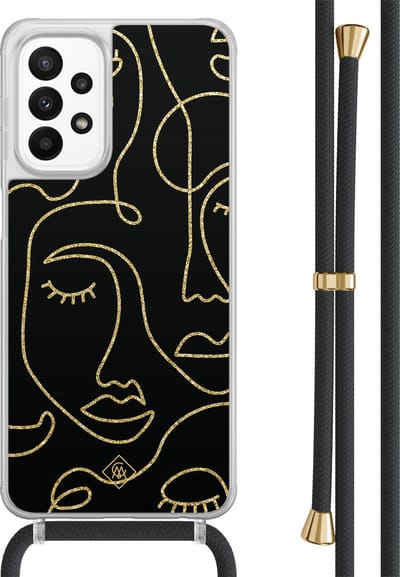Casimoda® hoesje met zwart koord - Geschikt voor Samsung A23 - Abstract Faces - Afneembaar koord - TPU/acryl - Zwart