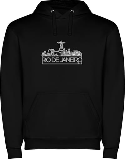 Zwarte unisex hoodie met “ Skyline Rio de Janeiro – Vakantiegevoel – Strak – Modern “ Print Full Color Color merk Roly maat S