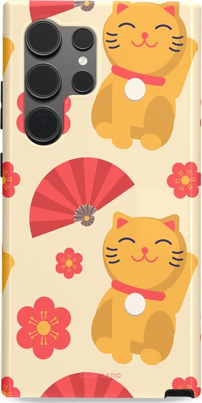 Casetastic hoesje geschikt voor Samsung Galaxy S24 Ultra - Dubbellaagse bescherming - Japanse Poezenvreugde - Lucky Cats - Fashion Case - Crème Koraal Goud