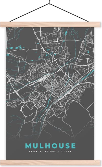 Posterhanger incl. Poster 40x60 cm - Schoolplaat - Mulhouse - Frankrijk - Kaart - Plattegrond - Stadskaart - Textielposter - Blanke latten - Stadskaart