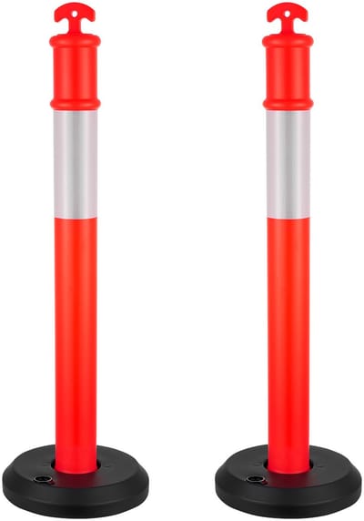 2-Pack Verkeer Afbakeningsposten, 1140 mm Veiligheidskegels met Vulbare Basis- en Reflecterende Strips, Duurzame Palen voor Bouwzones, Parkeerplaatsen en Menigtebeheer, Rood