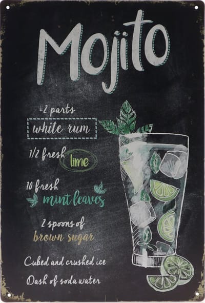 Wandbord – Mojito - Cocktail - Retro - Wanddecoratie – Reclame bord – Restaurant – Kroeg - Bar – Cafe - Horeca – Metal Sign – 20x30cm