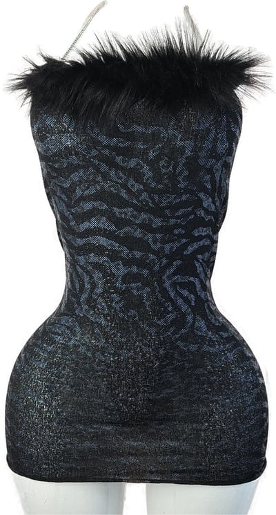 BamBella® - Jurk - Onesize - Strass ketting Erotische sexy nacht jurkje zwart doorzichtig kant - Super Stretch imitaite bont