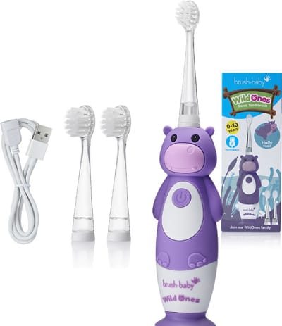 Brush-Baby® | Elektrische Oplaadbare Kindertandenborstel Wildones | Holly het Nijlpaard | 0-10 Jaar | 3 opzetborstels | 2 poetsstanden Timer&Pulse | Disco licht | Zuignapvoet