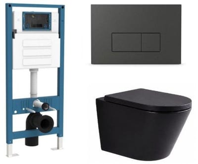 QeramiQ Dely Toiletset - inbouwreservoir Qeramiq Flush - 35mm zitting - kunststof mat antraciete bedieningsplaat - rechthoekige knoppen - mat zwart