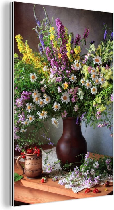 Aluminium schilderij 120x180 cm - Wanddecoratie metaal - Bloemen - Tafel - Stilleven - Boeket - Vaas - Metalen muurdecoratie woonkamer - Decoratie industrieel - Foto op dibond - Industriële accessoires slaapkamer