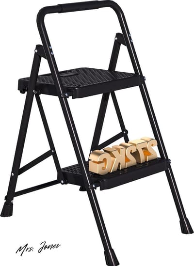 Mrs. Jones Opvouwbare 2-Trapsladder - Zwarte Stalen Ladder met Brede Antislip Pedalen - Sponsstuur 272 kg Capaciteit - Lichtgewicht en Draagbaar - Geschikt voor Thuis Keuken Binnen- en Buitengebruik .