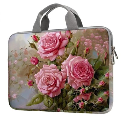 Roze bloemenprint laptophoes dames met handvat, ritssluiting en zachte afwerking – laptophoes geschikt voor 14 inch notebook en tablet