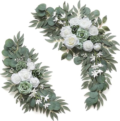 Bruiloft Bloemen Swag - Decoratie Slirngen - Bruiloft Versieren - Handgemaakt - 2 stuks - Salie Groen Wit