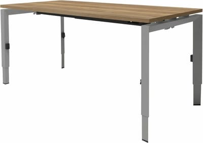 Linesto N3 bureau, hoogte instelbaar (65-85cm) met 120x80cm havana/ kersen licht zwevend 25mm blad en aluminium (RAL9006) vierpoot N-frame (poot driehoekig 50x50x75 mm.), (met geïntegreerde kabelgoot)