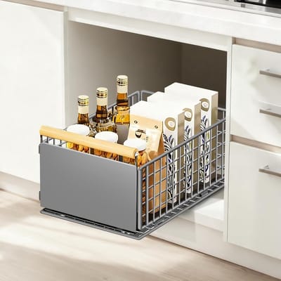 Uittrekbare Keukenlade, Telescopisch Systeem met Volledige Uittrek, Geen Boren, tot 25kg, Lade Organizer voor Diepe Kasten, Grijs, 39.5x23.5x19cm, Keukenopslag, Ruimtebesparend, Multifunctioneel