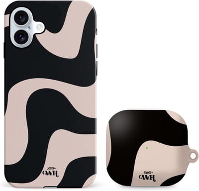 xoxo Wildhearts telefoonhoesje geschikt voor iPhone 16 met AirPods 3 hoesje - set - Ride With Me - Double Layer - Telefoonhoesje met dubbele beschermlaag - Golvend patroon case - Zwart en beige