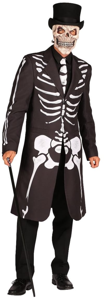 Skelet Jas Heren - Inclusief Stropdas - Halloween Kostuum Mannen - Zwart - Maat L
