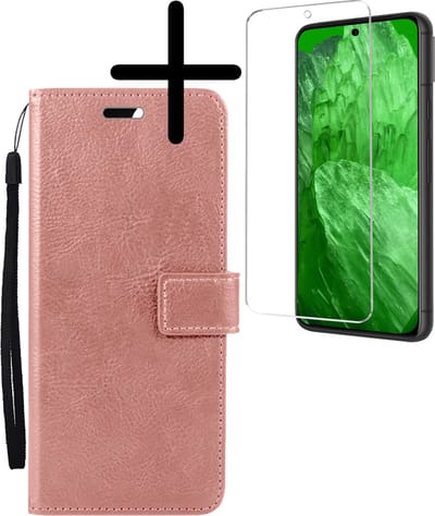 Hoesje Met Screenprotector - Geschikt voor Google Pixel 8a - Luxe Pasjeshouder - Bookcase Portemonee - Flip Case - Kunstleer Book Case - Flipcase - Book Cover - Walletcase - Portemonneehoes - Rosé goud