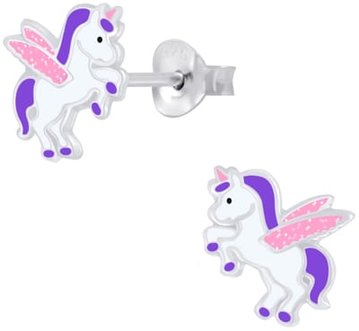 Joy|S - Zilveren eenhoorn oorbellen - roze glitter vleugeltjes - unicorn oorknoppen