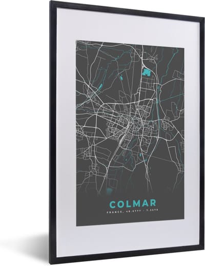 Fotolijst incl. Poster - Frankrijk – Plattegrond – Kaart – Colmar – Stadskaart - 40x60 cm - Posterlijst