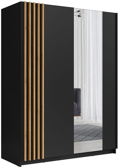 Vente-unique Kast met 2 schuifdeuren - Met spiegel - L200 cm - Zwart en houteffect - CALELA