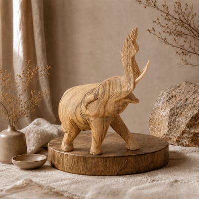 Handgesneden houten olifant groot – naturel decoratiebeeld 25 cm – olifant met slurf omhoog