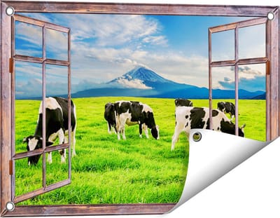 Gards Tuinposter Doorkijk Koeien in de Wei - 60x40 cm - Tuindoek - Tuindecoratie - Wanddecoratie buiten - Tuinschilderij