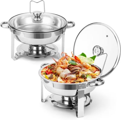 Chafing Dish Set van 2 - Ronde Buffetwarmer RVS - Met Glazen Deksel & Dekselhouder - Warmhoudschaal voor Catering, Feesten & Bruiloften - Zilver