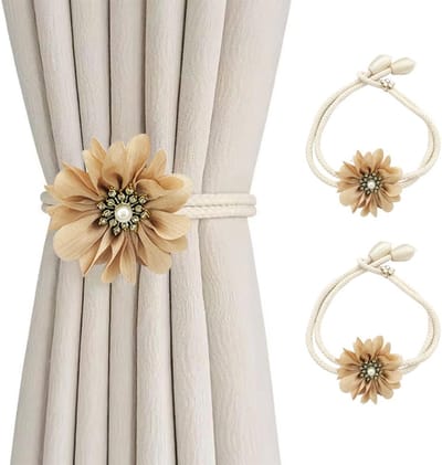 VHV - Gordijnclips - Gordijnophouders - Gordijn accessoires - Set van 2 - 3D bloemen - Verstelbaar - Decoratief - Voor woonkamer en slaapkamer - Melkthee-beige