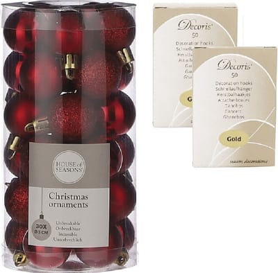 30x Kleine kunststof kerstballen rood 3 cm inclusief kerstbalhaakjes - Onbreekbare mini kerstballen