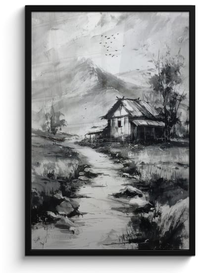 Poster in lijst - Fotolijst 60x90 cm - Posters - Hut - Grijs - Bergen - Mistig - Posterlijst zwart - Decoratie - Wanddecoratie woonkamer - Muurdecoratie slaapkamer