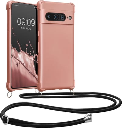 kwmobile Telefoonhoes geschikt voor Google Pixel 7 Pro hoesje - Zacht TPU Metallic hoesje met telefoonketting - metallic roségoud