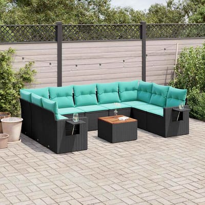 vidaXL - 10-delige - tuinbankset - met - kussens - van - zwart - polyrotan