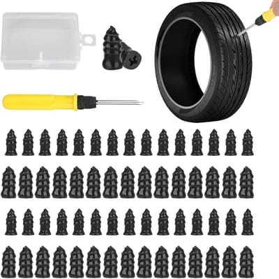 Set van 60 stuks - Bandenreparatieset met wielmoeren - Bandenreparatieset met rubberen spijkers - Snelle doe-het-zelf bandenreparatietool - Met gereedschapskist en schroevendraaier - Geschikt voor auto's, motoren, vrachtwagens en tractoren